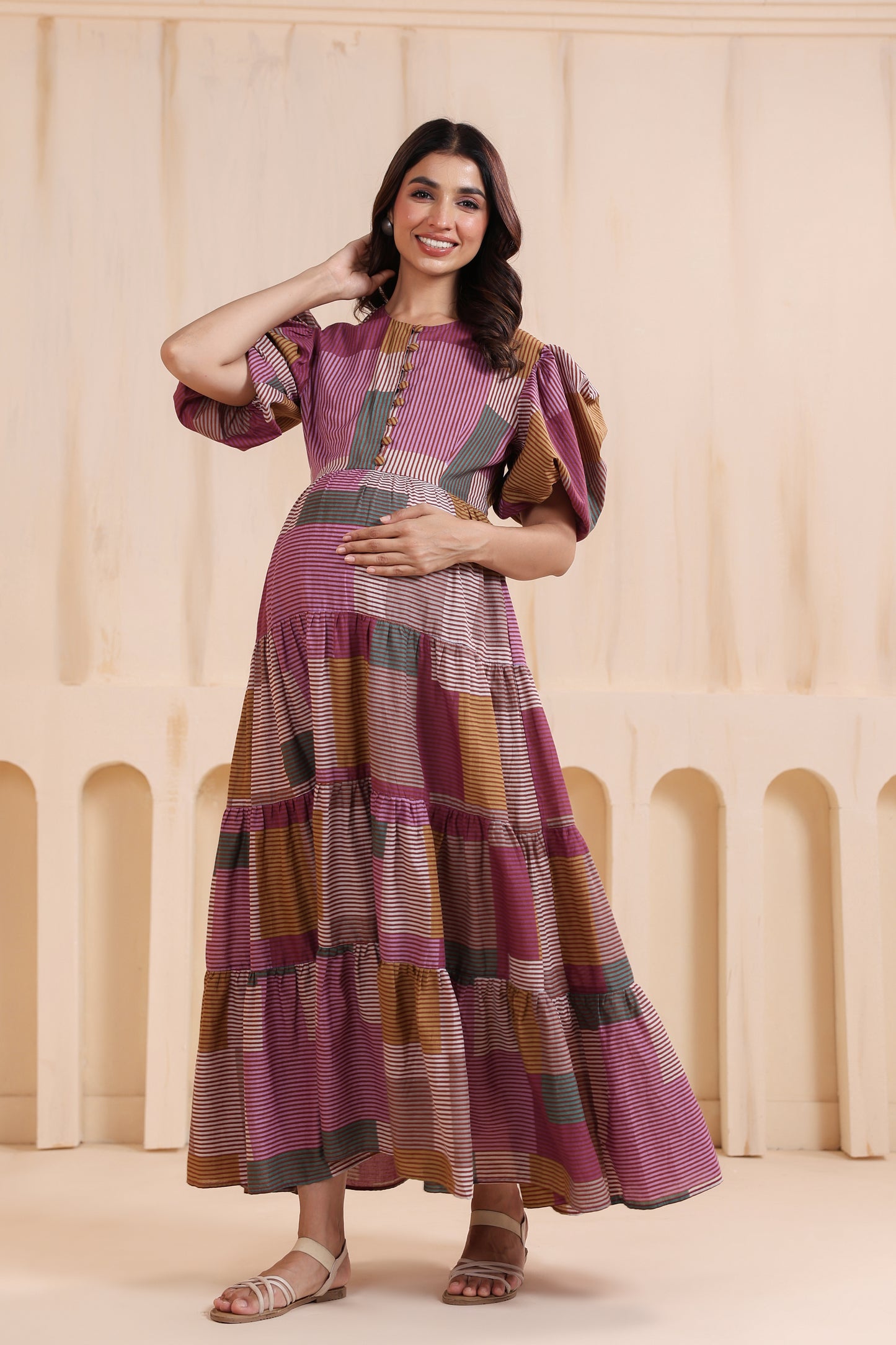 Geometric Grace Cotton Tier  Maternity & Nursing Dress