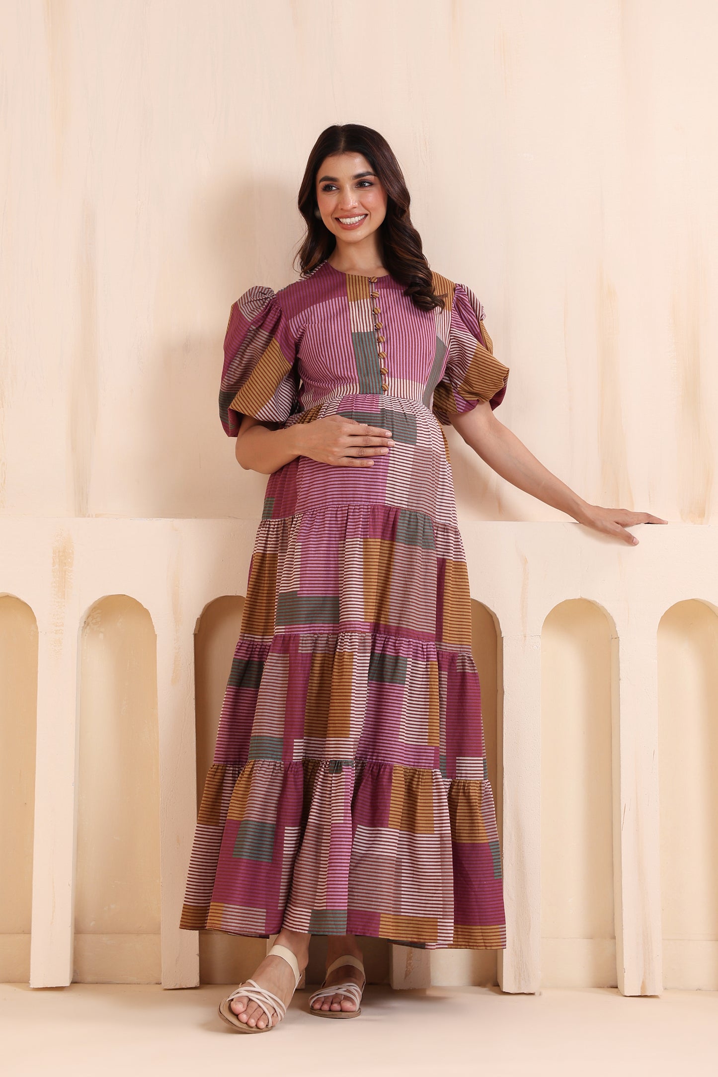 Geometric Grace Cotton Tier  Maternity & Nursing Dress