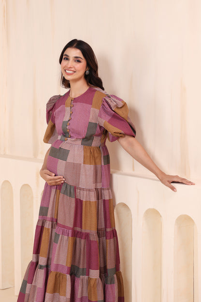 Geometric Grace Cotton Tier  Maternity & Nursing Dress